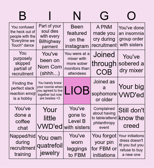 Phi Xi Bingo Card