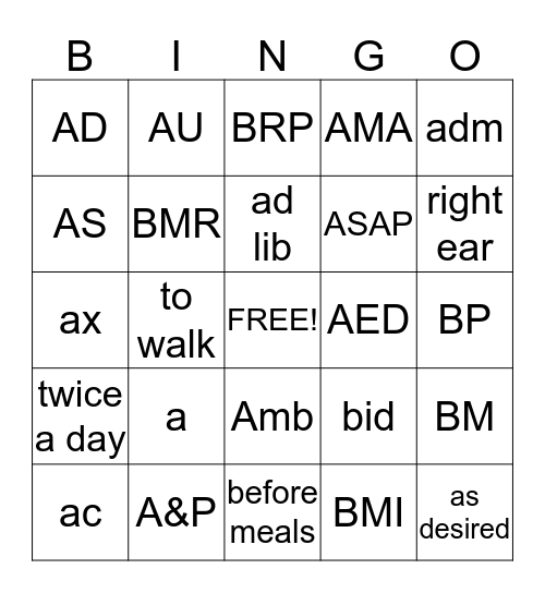 Abbreviations "A - B" Bingo Card
