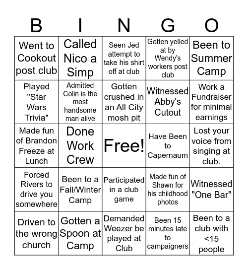 Northwest Young Life Bingo Card