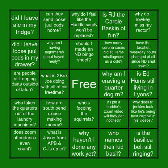 ND Quarantine Questions Bingo Card