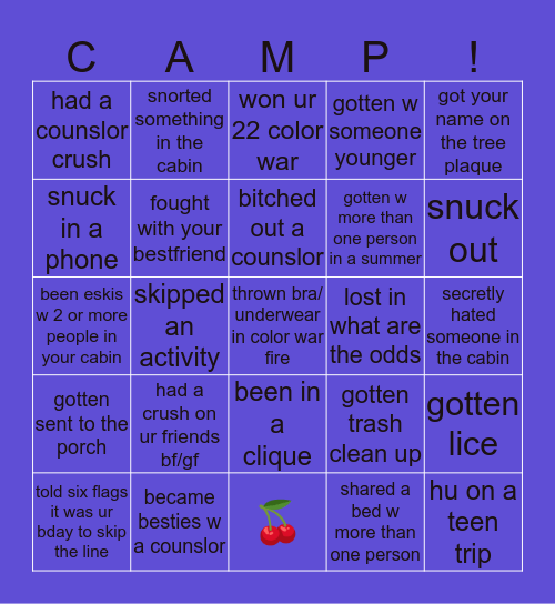 camp experience Bingo Card