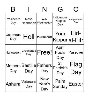 Holidays and Observances Bingo Card