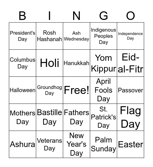 Holidays and Observances Bingo Card