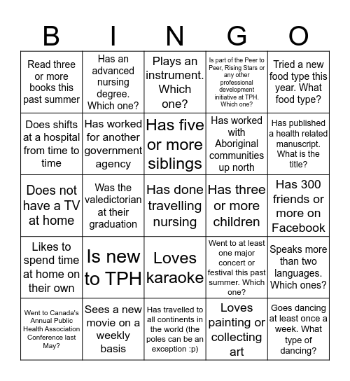 Toronto Public Health Discovery Bingo: Find Someone Who... Bingo Card