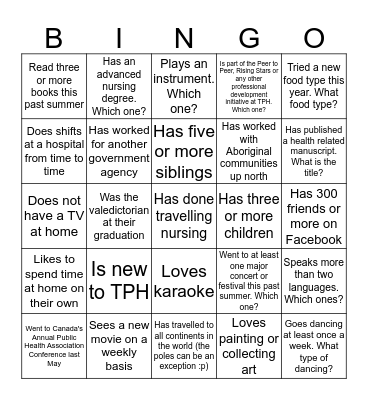 Toronto Public Health Discovery Bingo: Find Someone Who... Bingo Card