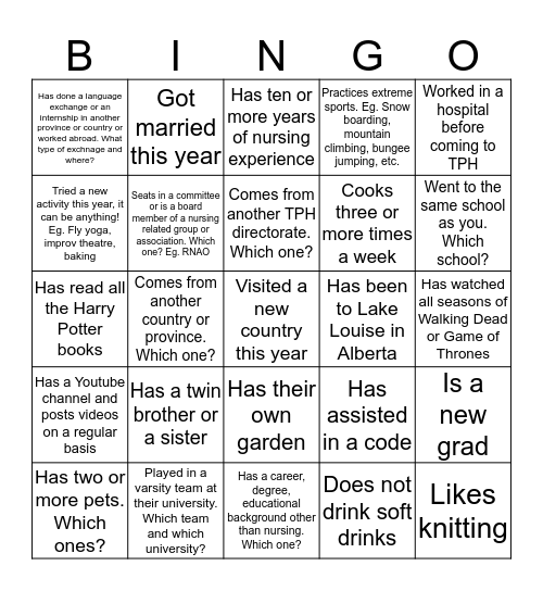 Toronto Public Health Discovery Bingo: Find Someone Who.... Bingo Card