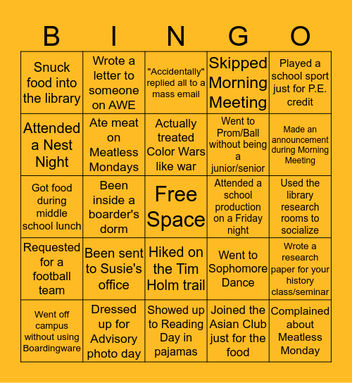 Athenian Bingo (High School Edition) Bingo Card