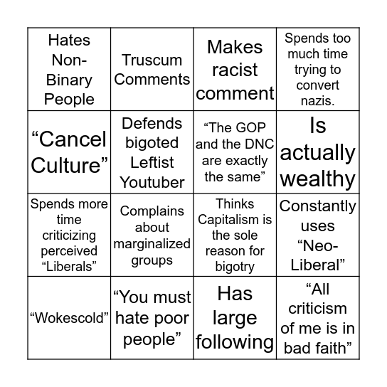 Privileged “Leftist” Bingo Card