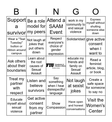 Sexual Assault Awareness Month Bingo Card