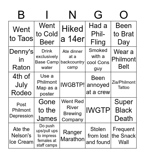 Philmont Staff Bingo Card