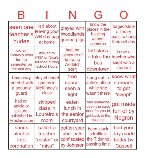 Wilbur Cross High School bingo Card