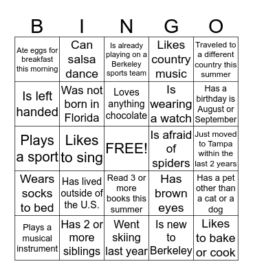 Ms. Martin's Class "Get to Know You" Bingo Card
