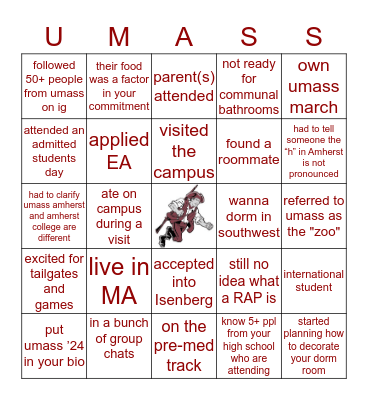 UMass Amherst 2024 Bingo Card