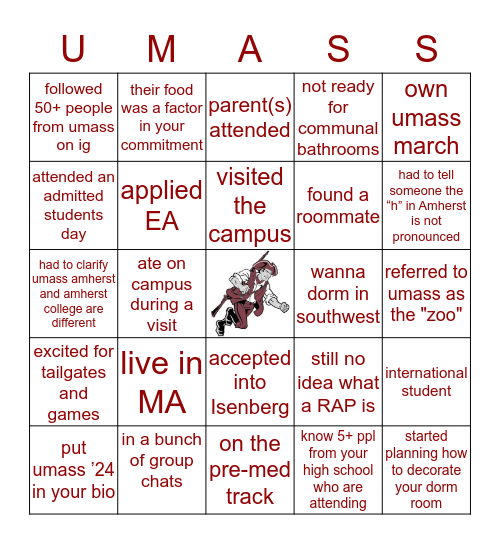 UMass Amherst 2024 Bingo Card