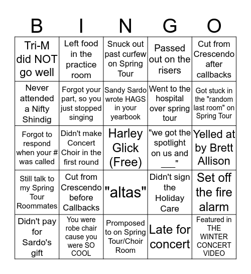 Concert Choir/Crescendo Bingo Card