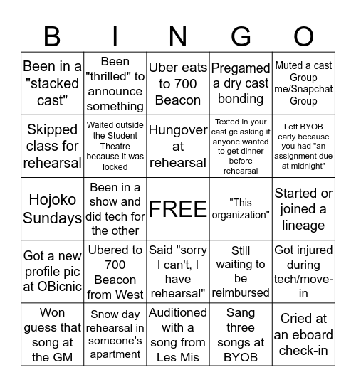 BU On Broadway BINGO Card