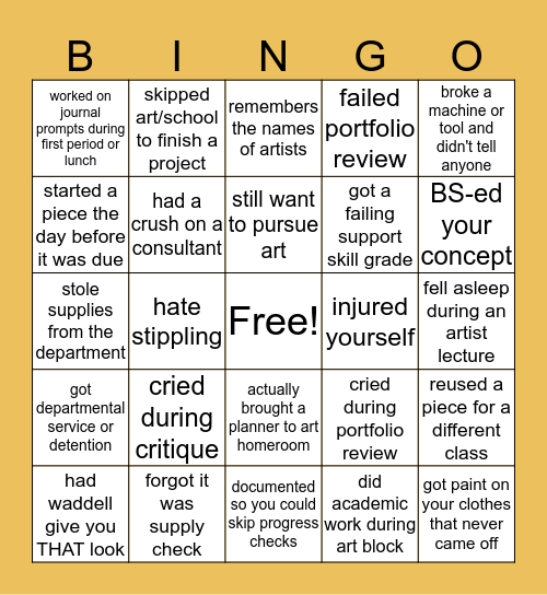 Visual Arts BINGO Card