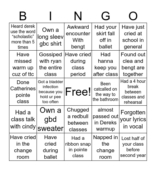 George Brown Dance Bingo Card