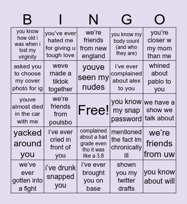 Being Friends With Dionna 101 Bingo Card