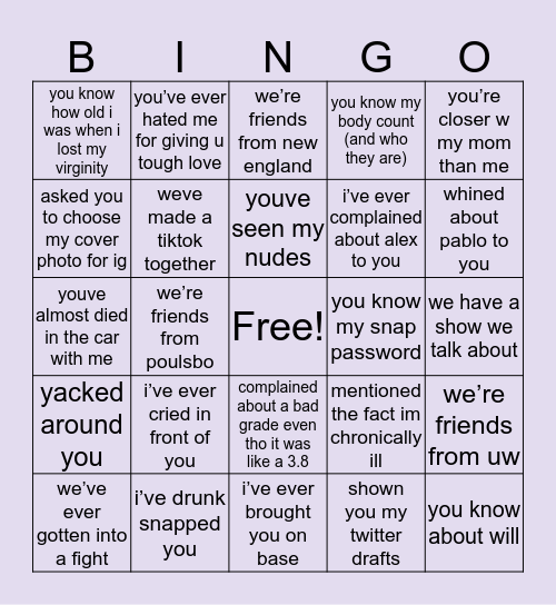 Being Friends With Dionna 101 Bingo Card