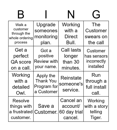 Cove Bingo Card