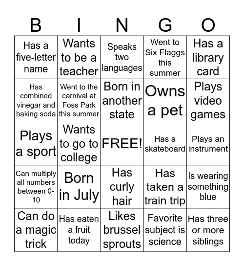 Getting to Know You BINGO Card