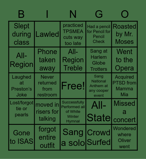 Cooper Chorale Bingo Card