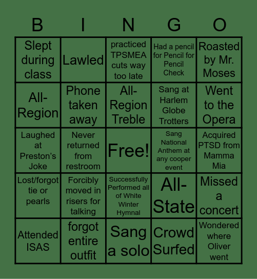 Cooper Chorale Bingo Card