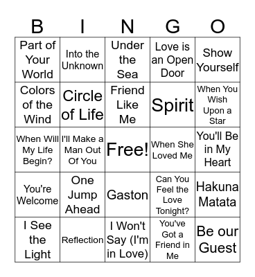 Disney Music Bingo Card
