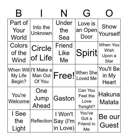 Disney Music Bingo Card