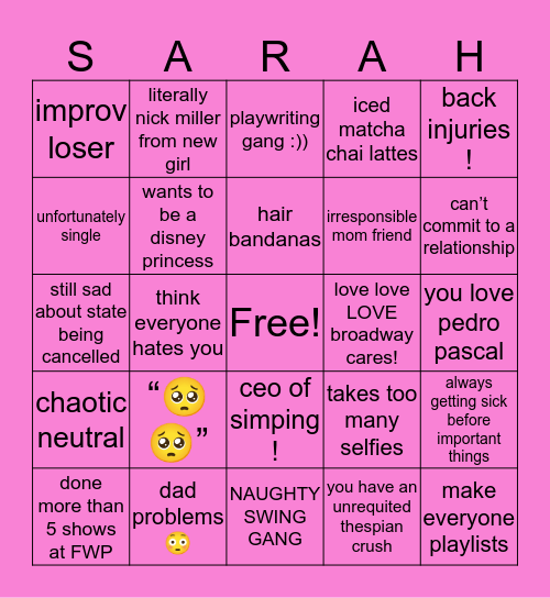 sarah’s bingo!!! Bingo Card