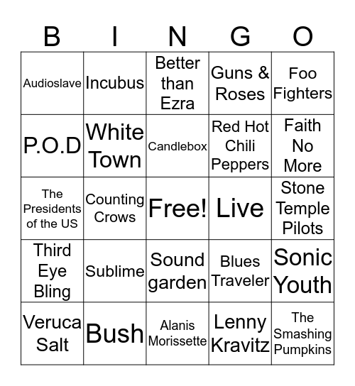 90s Rock Bingo Card