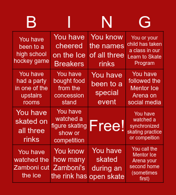 Mentor Ice Arena Bingo Card