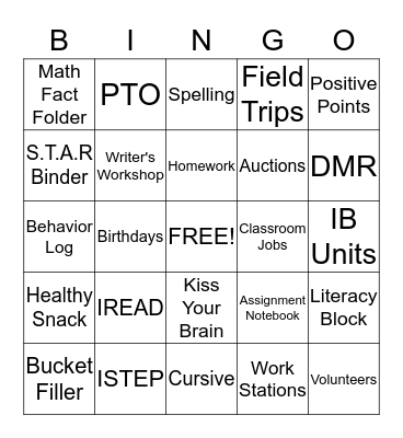 Back to School Night Bingo Card