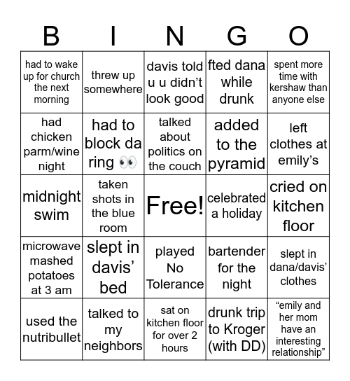 emily’s kitchen bingo Card