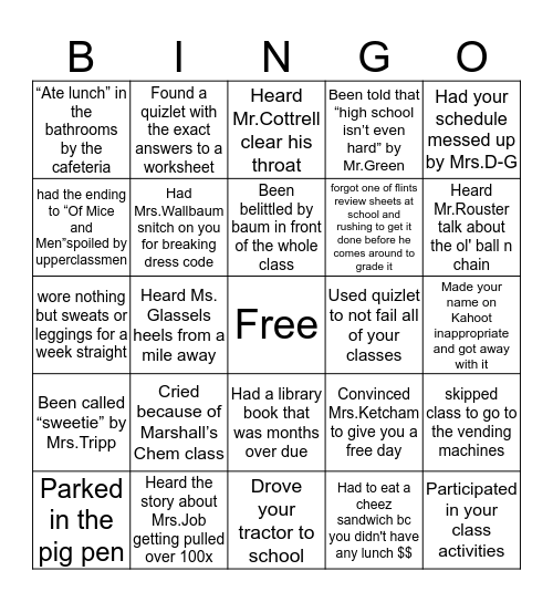 H-H High School Bingo Card