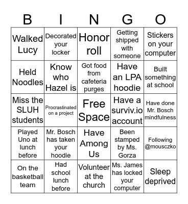 LPA Middle School Bingo Card