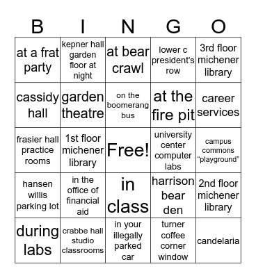 places u have cried unco Bingo Card