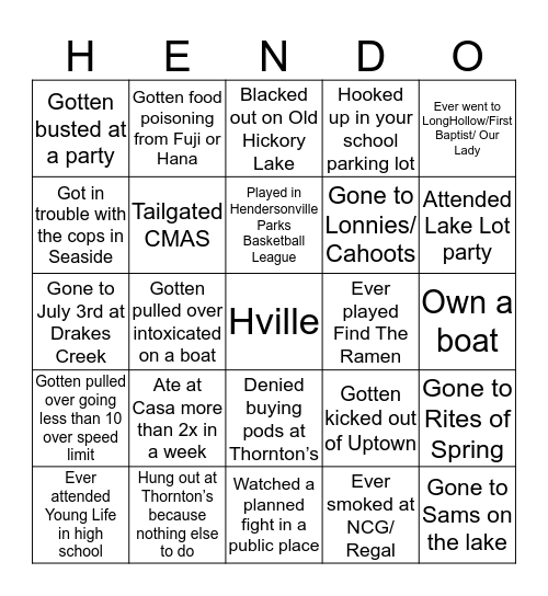 Hendersonville Bingo Card