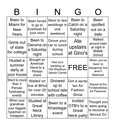 Great Neck Bingo Card