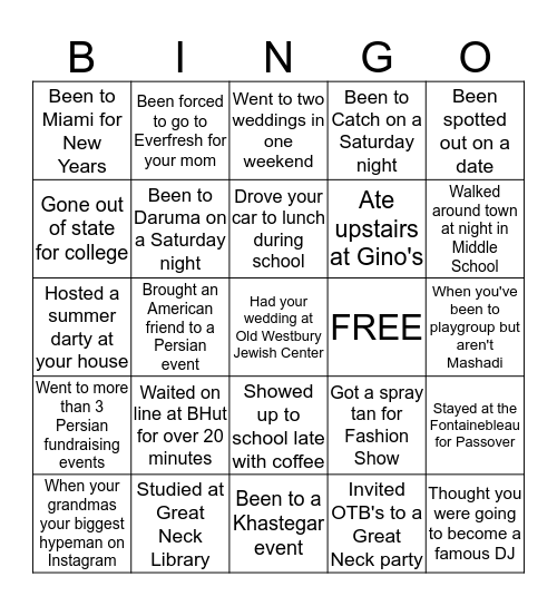 Great Neck Bingo Card