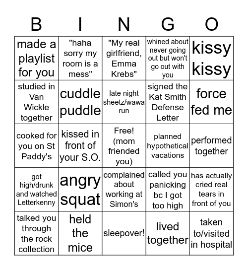 Friends with Kat Bingo Card