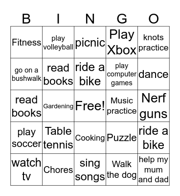 Activities Bingo Card