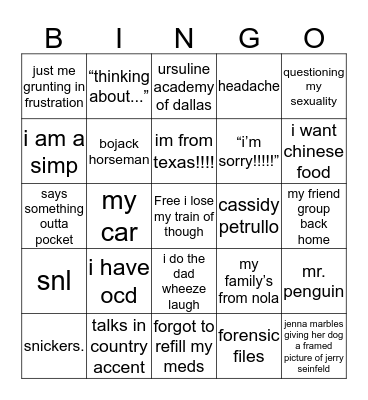 Things Maddie Won’t Shut Up About Bingo Card