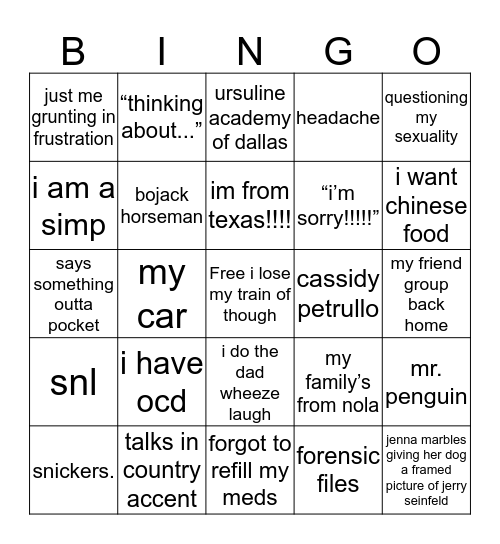 Things Maddie Won’t Shut Up About Bingo Card