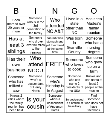 Harris Family Bingo Card