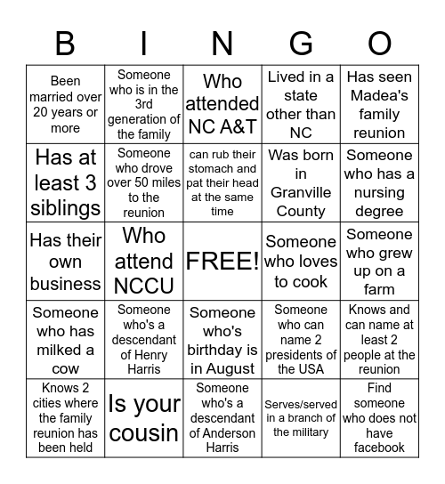 Harris Family Bingo Card