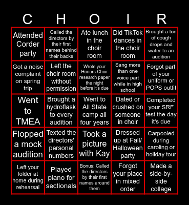 Martin Choir Bingo Card