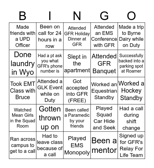 GFR BINGO Card