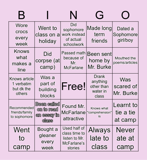 SOPHOMORE ACADEMICS EDITION Bingo Card